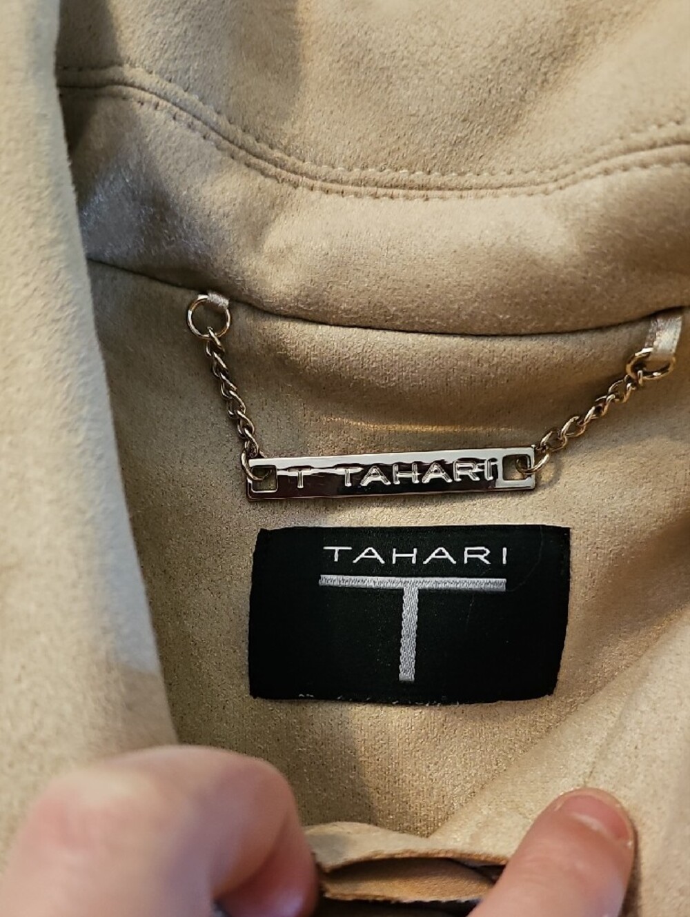 Tahari Light Beige Suede-Effect Trench Coat - Picture 2 of 3